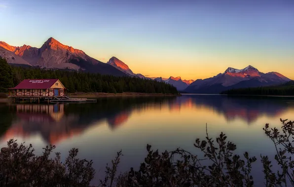 The sky, light, sunset, mountains, branches, lake, house, reflection