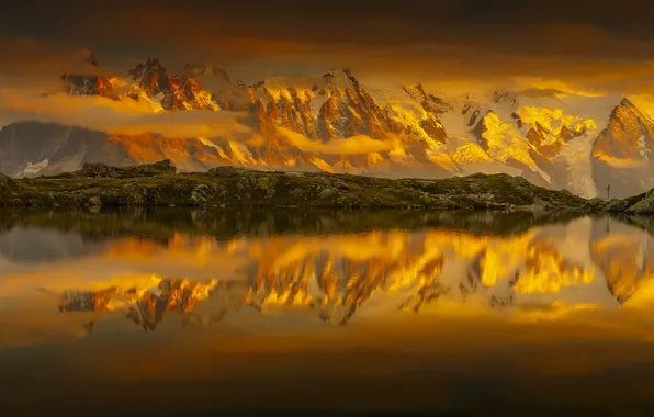The sky, clouds, snow, mountains, lake, reflection, France, sky