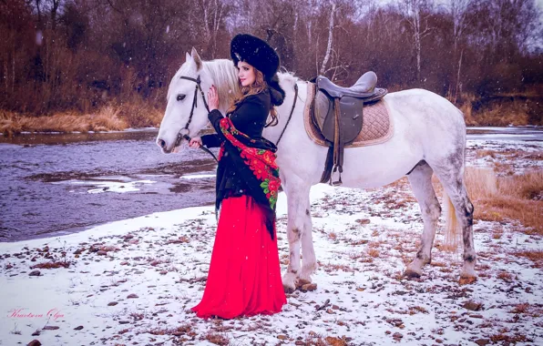 Winter, girl, hat, horse, dress, shawl