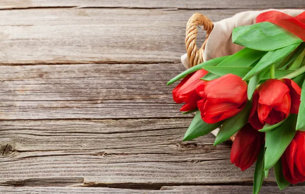 Picture love, flowers, basket, bouquet, tulips, red, love, wood