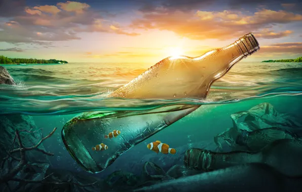 Sea, fish, garbage, the ocean, bottle, pollution, sea, ocean
