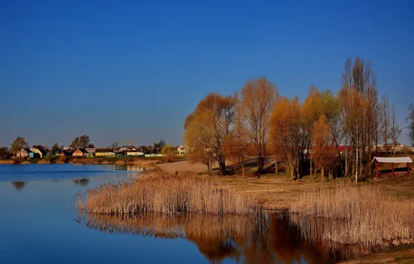 Landscape, lake, dawn, village