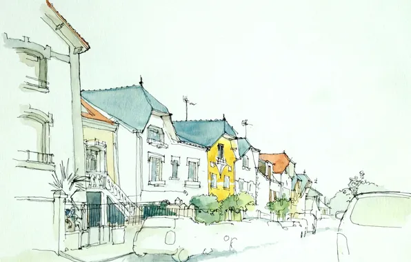 Picture the city, street, figure, home, watercolor, car