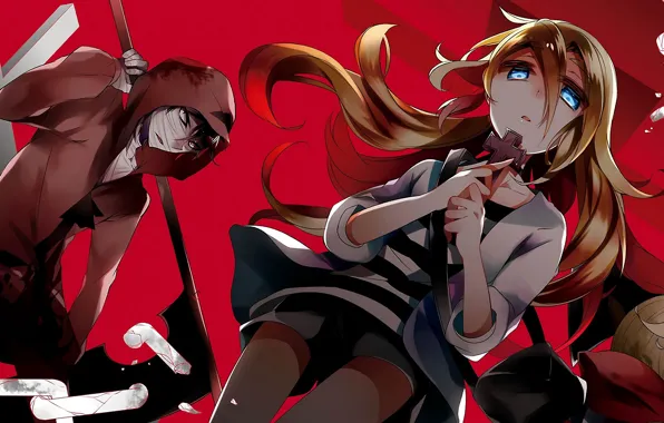 Girl, braid, guy, two, red background, Angel bloodshed, Satsuriku no Tenshi
