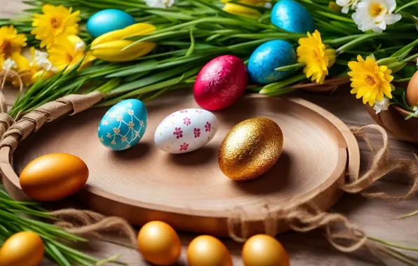 Picture flowers, eggs, spring, colorful, Easter, happy, flowers, spring