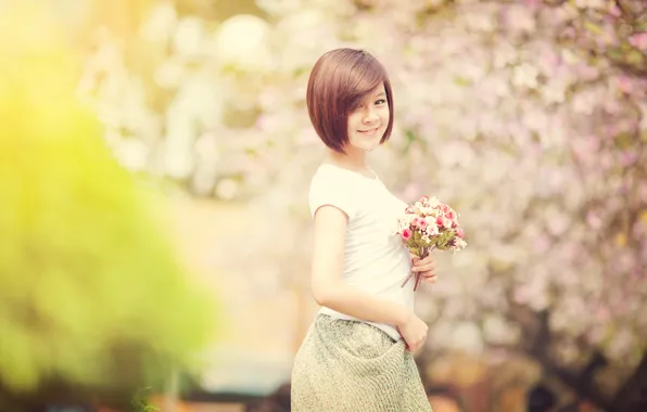 Picture girl, flowers, smile, glare, spring, bokeh, Asian chick
