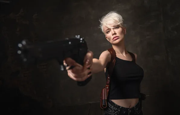 Girl, pose, gun, weapons, background, blonde, Victor Vodolazki