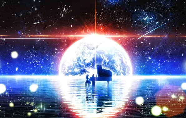 Picture water, girl, space, night, the moon, fantasy, piano