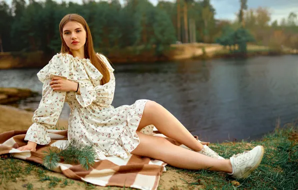 Forest, look, nature, dress, legs, long hair, pond, Sergey Bogatkov