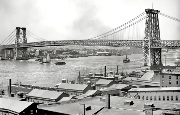 Bridge, retro, river, New York, USA, 1904-the year
