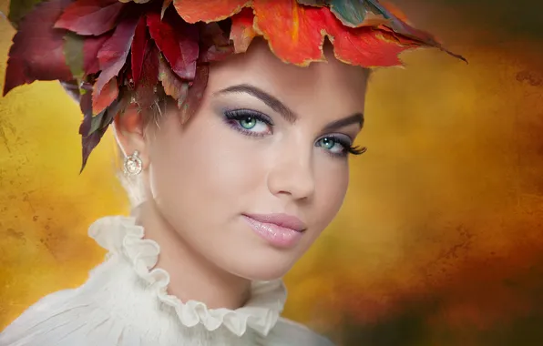 Autumn, look, leaves, girl, face, eyelashes, background, earrings