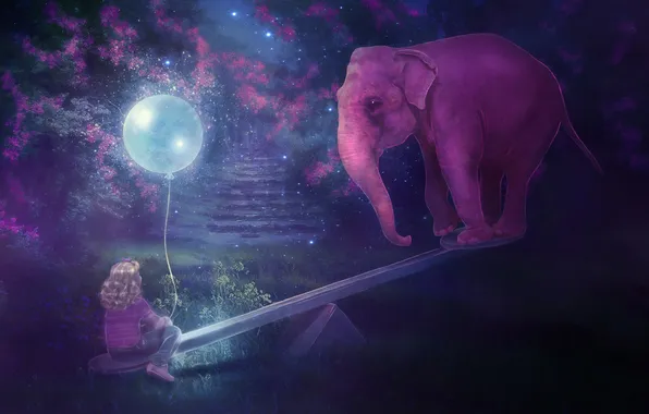 Trees, night, swing, pink, elephant, stars, girl, balloon