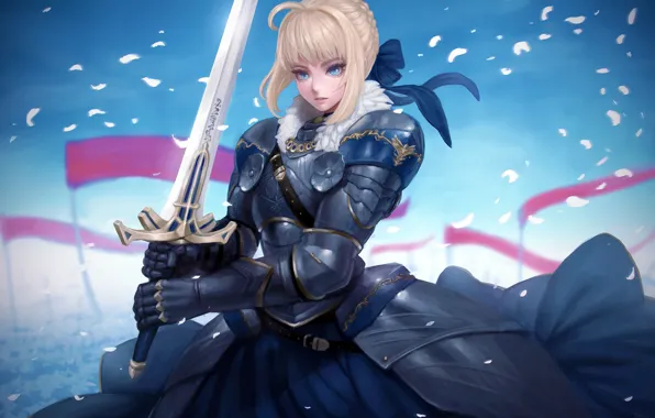 Girl, sword, flags, the saber, Artoria Pendragon, Fate stay night, Excalibur, Fate / Stay Night