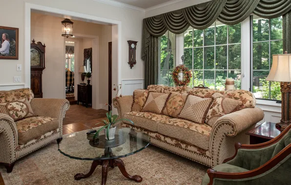 Design, sofa, pillow, window, curtains, table, pot, living room
