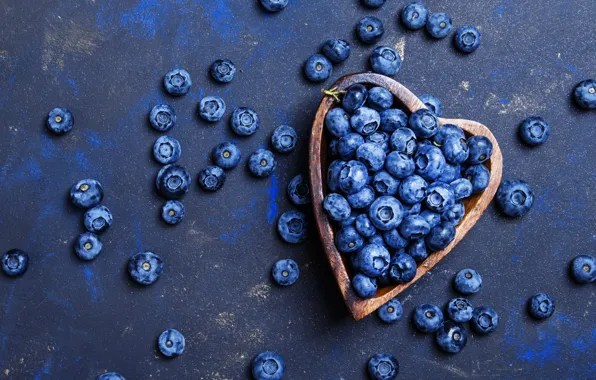 Berries, heart, bowl, placer, a lot, blue background, blueberries