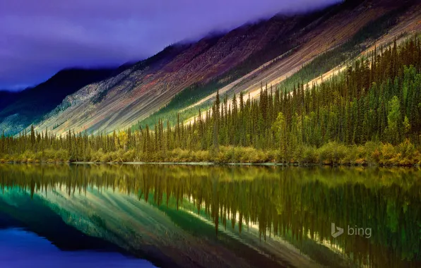 Forest, trees, mountains, lake, reflection, Canada, Nahanni National Park Reserve, Northwest Territories