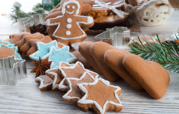 Winter, food, spruce, branch, cookies, figures, dessert, cakes