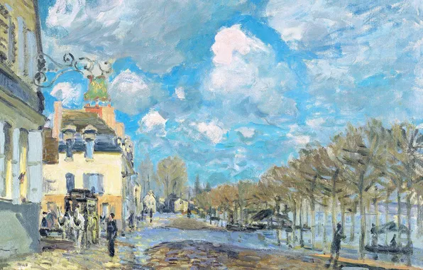 The sky, clouds, picture, spring, flood, town, Alfred Sisley, floods