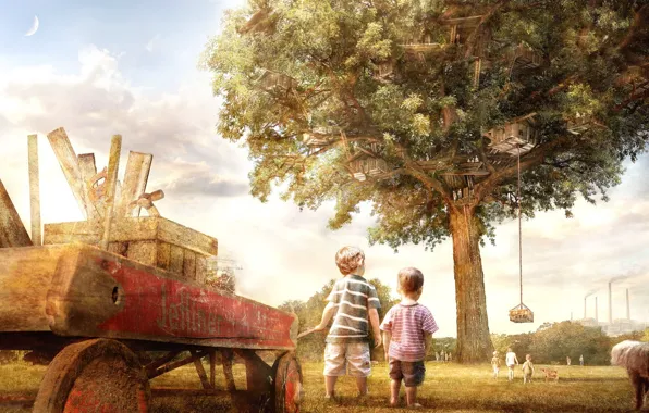 Children, house, Tree, truck