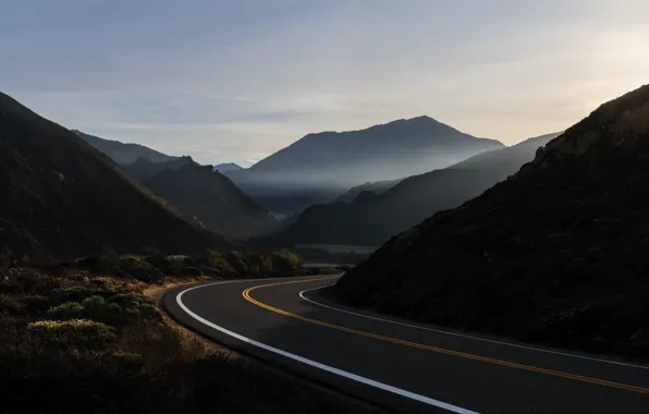 Picture road, the sky, mountains, morning, haze