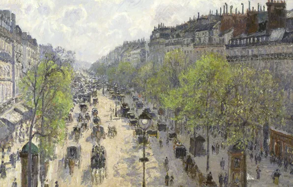 Trees, street, home, picture, the urban landscape, Camille Pissarro, The Boulevard Montmartre. Spring