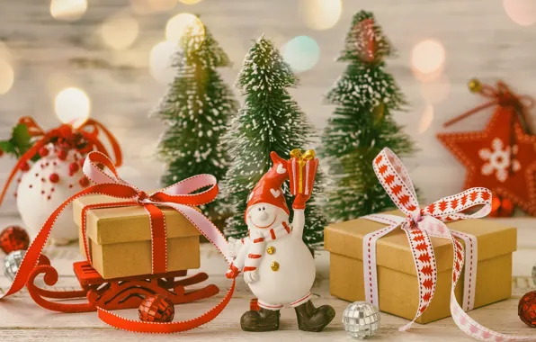 New Year, Christmas, gifts, snowman, box, Christmas trees