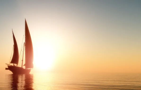 Sea, the sky, the sun, ship, sailboat, horizon, silhouette, The imprint of a horizon