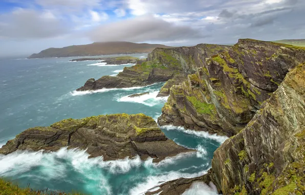 Sea, wave, clouds, mountains, nature, rocks, shore, tops