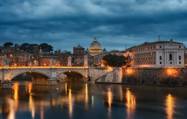 Bridge, river, building, home, the evening, Rome, Italy, Italy