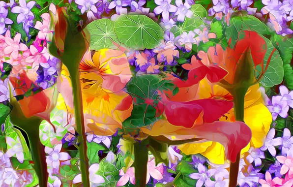 Picture leaves, line, flowers, paint, petals
