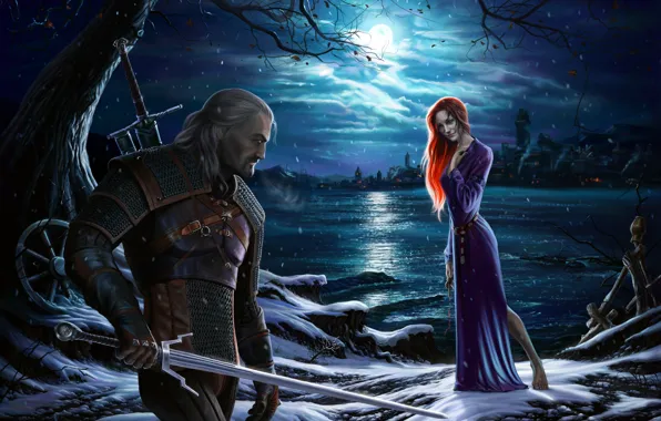 Picture girl, night, the moon, shore, sword, dress, red, rpg
