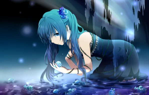Picture water, girl, flowers, roses, art, spikes, vocaloid, hatsune miku