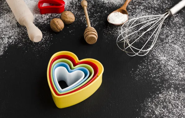 Table, holiday, heart, heart, spoon, hearts, black background, nuts