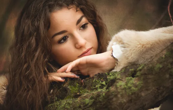 Girl, face, tree, mood, hair, texture