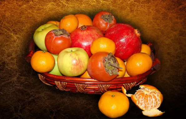 Picture apples, fruit, still life, garnet, tangerines, persimmon, author's photo by Elena Anikina