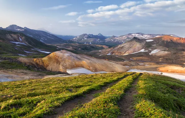 Road, field, the sky, grass, clouds, snow, mountains, tops