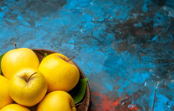 Apples, yellow, bowl, blue background
