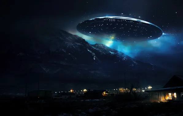 Flight, mountains, night, lights, fiction, height, UFO, houses