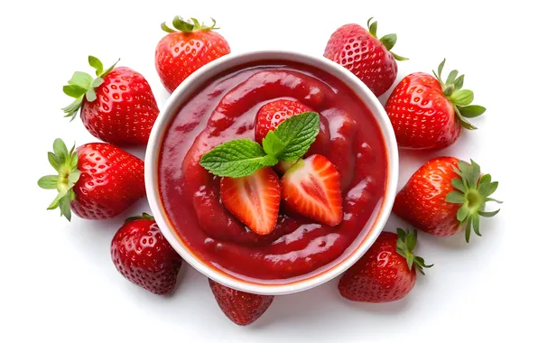 Berries, strawberry, white background, bowl, mint, dessert, jam, jam