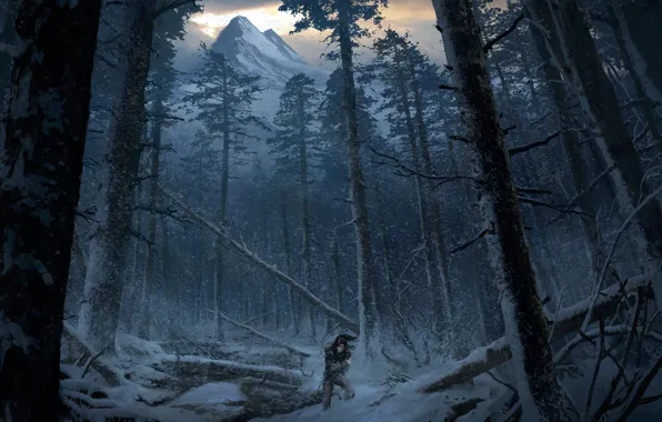 Picture Girl, Mountains, Snow, Forest, Art, Tomb raider, Lara croft, Siberia