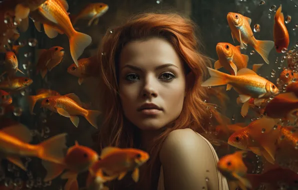 Look, water, girl, fish, bubbles, face, rendering, fantasy