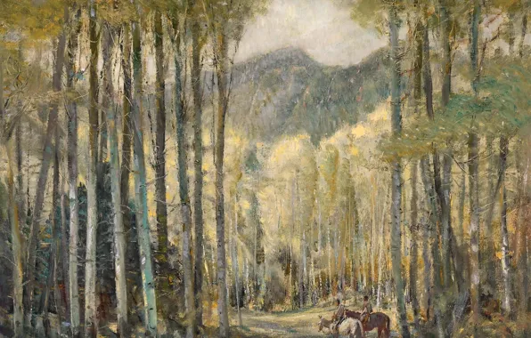 Road, forest, trees, mountains, horse, Oscar Edmund Berninghaus, In the Forest