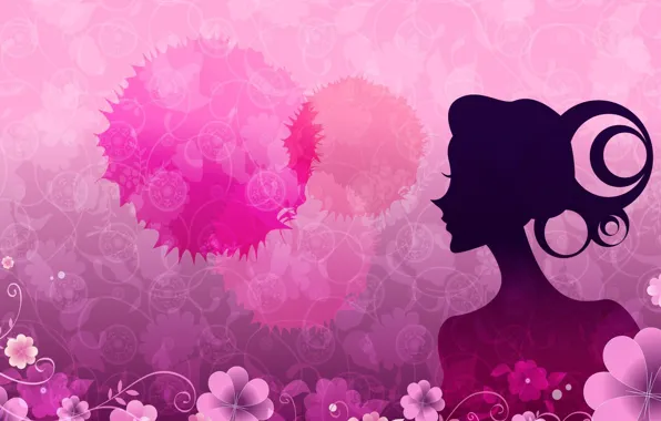 Girl, flowers, background, pink, pattern, figure
