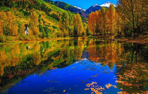 Picture autumn, trees, mountains, lake, Colorado, USA, Telluride
