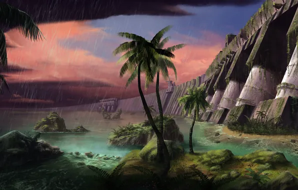 The storm, water, clouds, palm trees, rain, thickets, art, ruins
