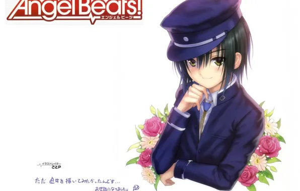 Picture smile, roses, boy, white background, gerbera, cap, angel beats, Angel Beats!