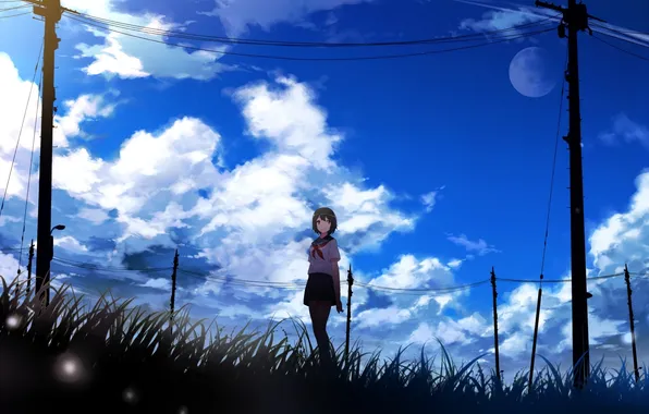 Picture the sky, grass, girl, skirt, short hair, a light smile