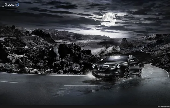 Mountains, the moon, Italy, Lancia, Lancia Delta, monochrome road
