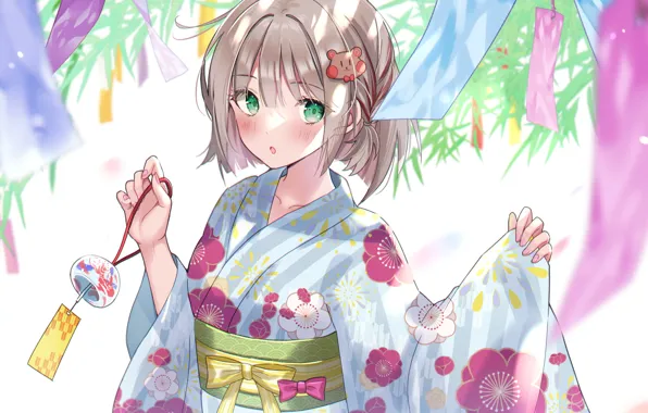 Girl, yukata, bell wind