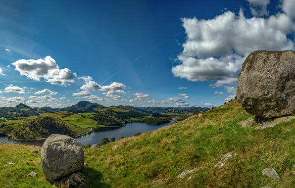 Summer, the sky, grass, clouds, light, mountains, lake, blue